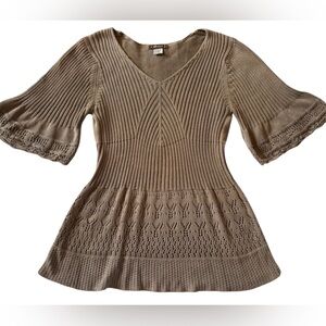 XCVI Brown Ribbed Knit Blouse Bell Sleeve Boho Cotton Top Medium